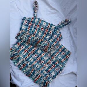 Main Strip Multicolor Tweed Fringe Top and Skirt Set